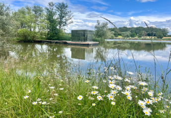 Wilde bloemen aan het water met zicht op Cabine Spa Miroir, een spiegelhuisje op Domaine des Feuilles in Frankrijk.