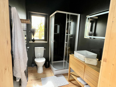 Moderne badkamer met douche, toilet en houten kast in Spa Design Cabin aan Domaine des Feuilles, Frankrijk.