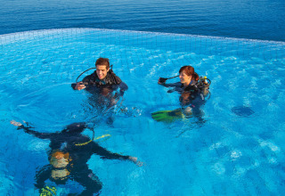Drie duikers oefenen in een zwembad met uitzicht op zee bij Valamar Camping Marina, Istrië, Kroatië.