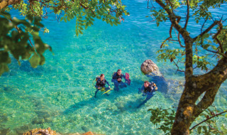Tres buceadores en aguas cristalinas cerca de escaleras y rocas, rodeados de árboles en Labin, Istria, Croacia.