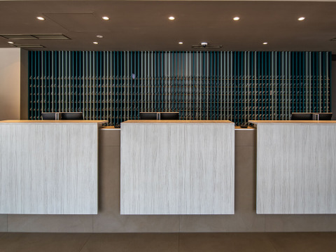 Moderne reception med tre skranker og dekorativ bagvæg på Camping Arena Grand Kažela, Istrien, Kroatien.