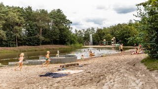 Schwimmteichstrand mit Spielplatz im Hintergrund - Baalse Hei - Turnhout, Antwerpen, Belgien