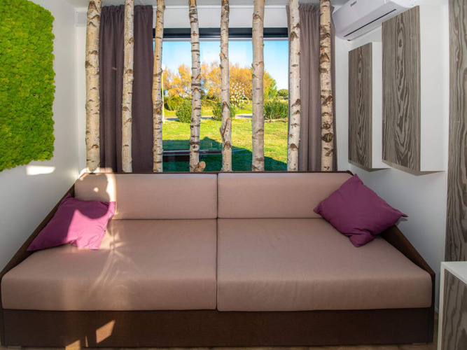 Moderne chaletinteriør med sofa, birkestammer foran vindue og grøn udsigt, Camping Home Green, Kroatien.
