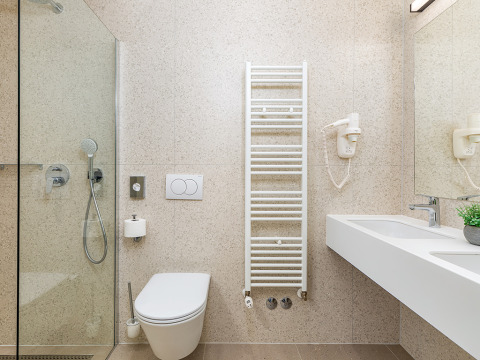 Moderne badeværelse med bruser, væghængt toilet, håndklædetørrer og dobbelthåndvask i feriepark.