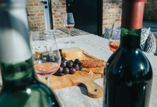 Buiten op een tafel staan twee flessen wijn, glazen rosé, een houten plank met kaas, druiven en worst.