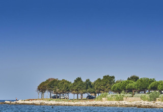 Coastal scene at Camping Park Umag in Istria, Croatia, with trees, blue sky, and clear waterfront.
