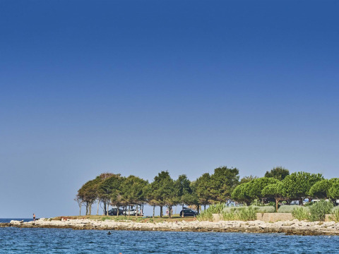 Coastal scene at Camping Park Umag in Istria, Croatia, with trees, blue sky, and clear waterfront.