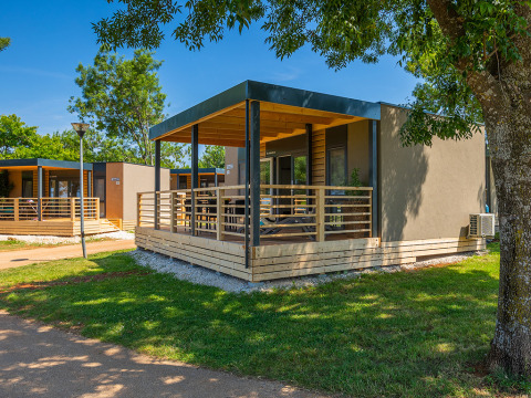 Modern lodge with spacious wooden deck, surrounded by green lawn and trees on a sunny day.
