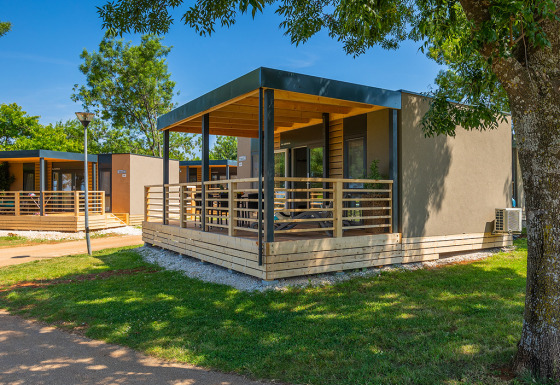 Modern lodge with spacious wooden deck, surrounded by green lawn and trees on a sunny day.