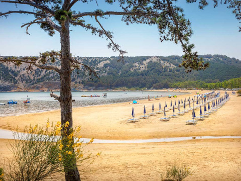 Beach with umbrellas and sunbeds near Lopar, Croatia, with hills and trees in the background.