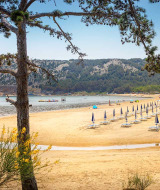 Strand met parasols en ligstoelen bij Lopar, Kroatië, met heuvels en bomen op de achtergrond.