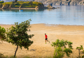 Homme courant sur la plage de sable avec arbres, mer calme et montagnes à Valamar Camping San Marino, Croatie.