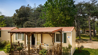 Lodge San Marino Home con porche cubierto, rodeado de árboles y vegetación en un entorno natural.