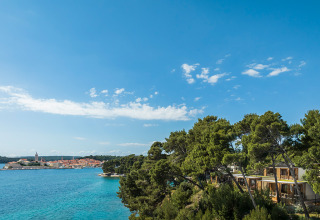 View of the blue sea, pine trees, and holiday homes at Valamar Camping Padova, Primorje-Gorski Kotar, Croatia.