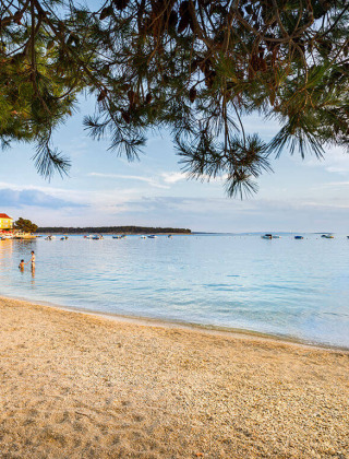 Peaceful beach with calm sea, boats, and pine branches near Banjol, Primorje-Gorski Kotar, Croatia.