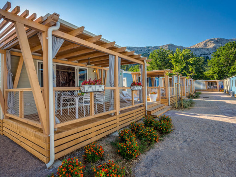 Buitenfoto van Marena Home met moderne houten lodges, kleurrijke bloemen en bergen op de achtergrond bij zonnig weer.