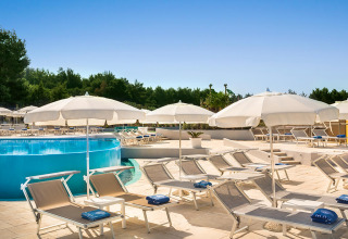 Chaises longues et parasols au bord de la piscine d'un lodge paisible, entouré de verdure et ciel bleu.