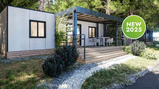 Moderne Camping Home lodge med træterrasse, omkranset af fyrretræer, nyhed tilgængelig i 2025.