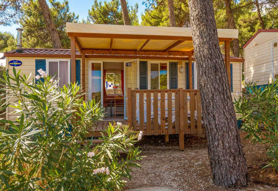 Wooden veranda in front of Blu Romantic lodge at Baia Holiday Poljana, Croatia, surrounded by pine trees.