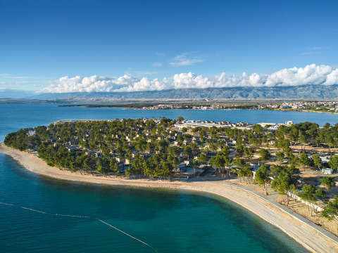 Aerial view of Aminess Style Camping Avalona Resort in Zadar County, Croatia, with trees and coastline.