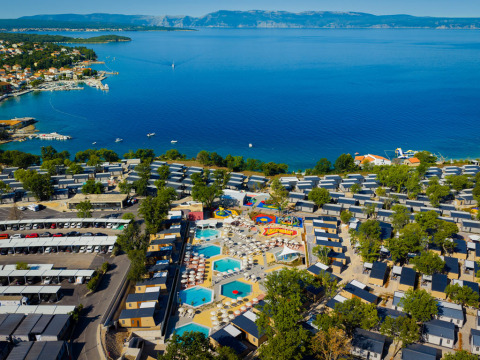 Aminess Style Camping Atea Resort in Croatia features pools, cabins, and a beautiful view of the coast.