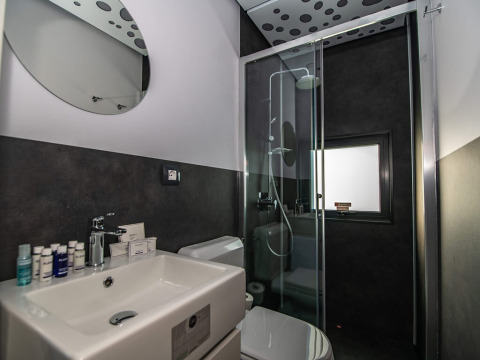 Modern chalet bathroom with glass shower, white sink, toilet, and stylish dark accent walls.