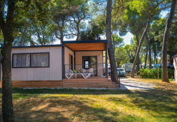 Lodge Deluxe Camping Villa con porche acogedor, rodeada de árboles altos y naturaleza tranquila.