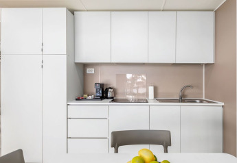 Moderne, minimalistische keuken in een chalet bij Camping Villa First Row, Camping Arena Stoja, Kroatië.