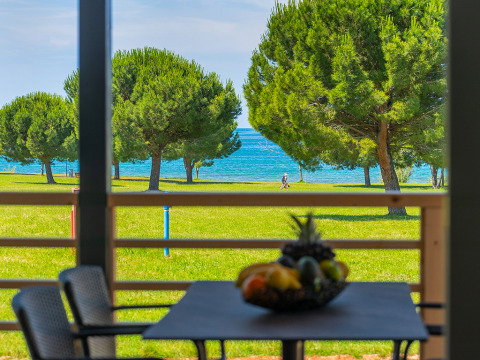 Vue depuis la terrasse du Park Riviera Adria Blue Seaside, Camping Park Umag, avec arbres et mer bleue.