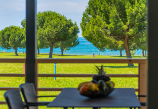 View from lodge terrace at Park Riviera Adria Blue Seaside, Camping Park Umag, with trees and blue sea.