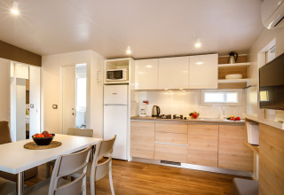 Modern kitchen and dining area at Lopar Garden Home in Valamar Camping San Marino, Croatia, bright interior.