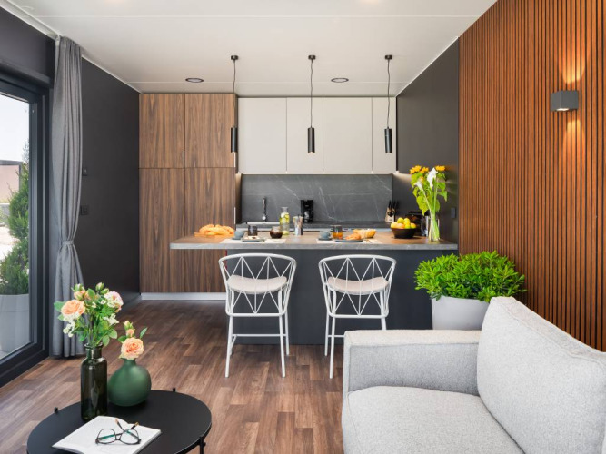 Soggiorno e cucina moderni in Avalona Luxury Mare Glamping Villa Pool al Aminess Style Camping Avalona, Croazia.