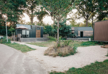 Petites maisons modernes en bois entourées d’arbres, photo prise à Tiny House en fin de journée.