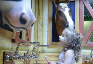 Un enfant se brosse les dents à un lavabo décoré de vache et de cheval au Camping Fuussekaul à Wiltz, Luxembourg.