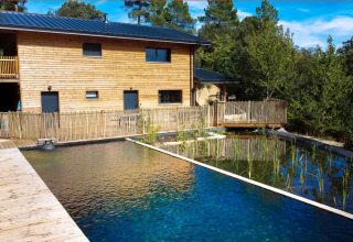 Naturlig svømmepool og træbygning ved Bivouac Nature feriepark i Occitanie, Frankrig, omgivet af skov.