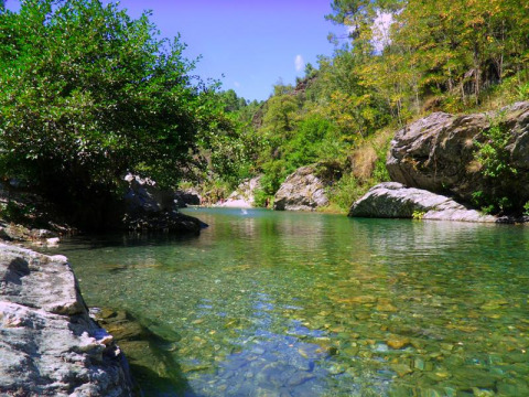 Une rivière claire et peu profonde bordée de rochers et d’arbres à Bivouac nature, parc de vacances en Occitanie, France.