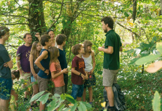 Un gruppo di bambini e adulti in una passeggiata guidata nella natura al Bivouac Nature in Occitania, Francia.