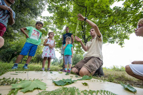 Børn og en voksen udforsker naturen sammen under et træ i Bivouac nature feriepark, Occitanie, Frankrig.