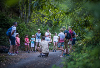 Familias y niños escuchan a un guía durante una caminata en la naturaleza en Bivouac nature, Occitanie, Francia.
