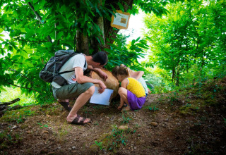 Een volwassene en twee kinderen verkennen de natuur in het bos van Bivouac Nature vakantiepark in Occitanië, Frankrijk.
