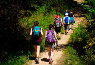 A group of hikers with backpacks walks along a scenic trail at Bivouac nature, a holiday park in Occitanie, France.