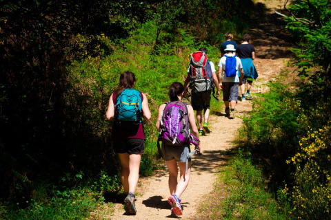 Un groupe de randonneurs avec sacs à dos marche sur un sentier à Bivouac nature, parc de vacances en Occitanie, France.