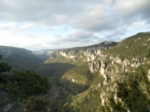 Panoramablick auf grüne Täler und Felsen bei Bivouac nature Ferienpark in Occitanie, Frankreich.