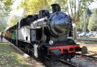 Locomotora de vapor en el parque vacacional Bivouac nature, Occitania, Francia, rodeada de árboles y coches.
