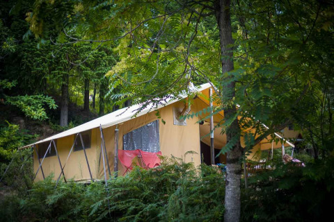 Canadienne safaritent met houtkachel, gelegen in een groen bos en omringd door weelderige planten.