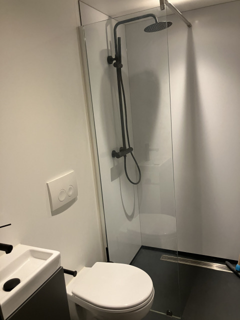 Moderne badkamer met douche, toilet en wastafel bij Solo Retreat in Reestervallei, Nederland.