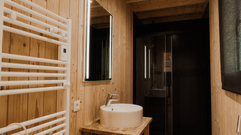 Moderne badkamer met houten wanden, verlicht spiegel en ronde wastafel in Eco Lodge MOBIWOOD, België.