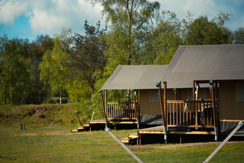 Safari tents at Wilsumer Berge in Germany, surrounded by greenery and trees on a bright sunny day.