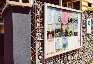 Notice board at Camping Liefrange in Wiltz, Luxembourg, displaying leaflets and maps behind glass on a stone wall.