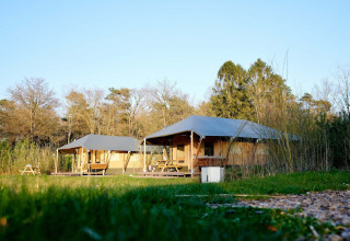 Twee luxe safaritenten bij Holiday Park Gelloo in Gelderland, Nederland, omgeven door bomen en natuur.